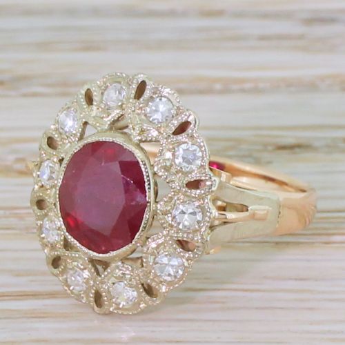 Mid Century 2.20 Carat Ruby & Diamond Cluster Ring, Circa 1960