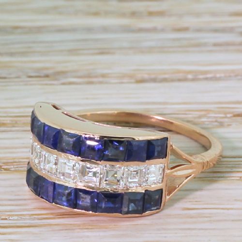Art Deco 2.00 Carat Sapphire & 1.00 Carat Carré Cut Diamond Ring, Circa 1915