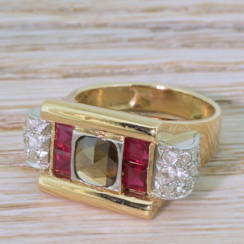 Retro 0.59 Carat Fancy Brown Rose Cut Diamond & Ruby Ring, Circa 1950
