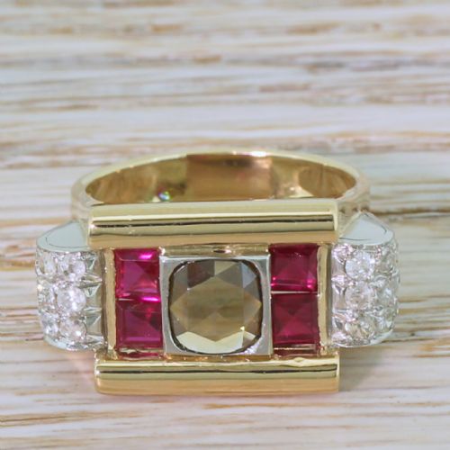 fig 1. Retro 0.59 Carat Fancy Brown Rose Cut Diamond & Ruby Ring, circa 1950