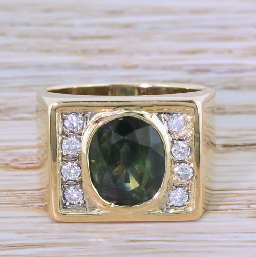 fig 1. Mid Century 4.14 Carat Green Sapphire & Diamond Ring, circa 1965
