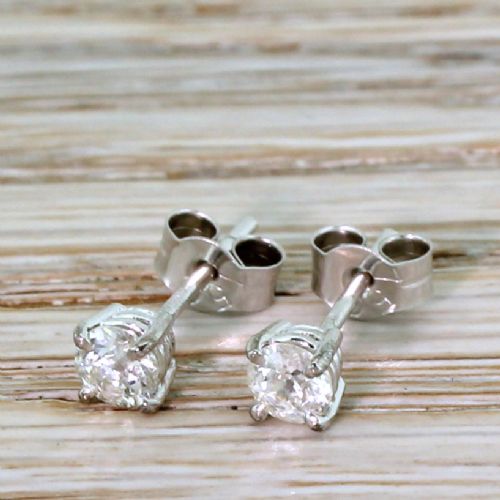 0.48 Carat Old Cut Diamond Stud Earrings, 18k White Gold