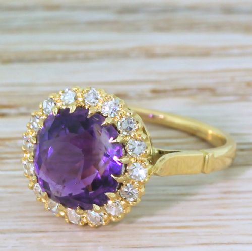 Victorian 3.66 Carat Amethyst & Diamond Cluster Ring, Circa 1890
