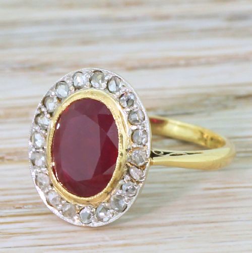 Art Deco 3.43 Carat Ruby & Rose Cut Diamond Cluster Ring, Circa 1920