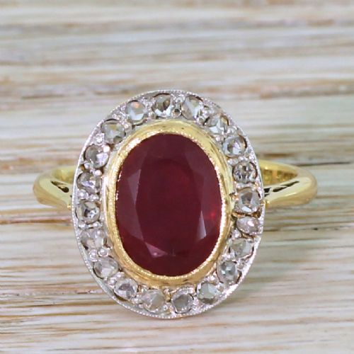 fig 1. Art Deco 3.43 Carat Ruby & Rose Cut Diamond Cluster Ring, circa 1920