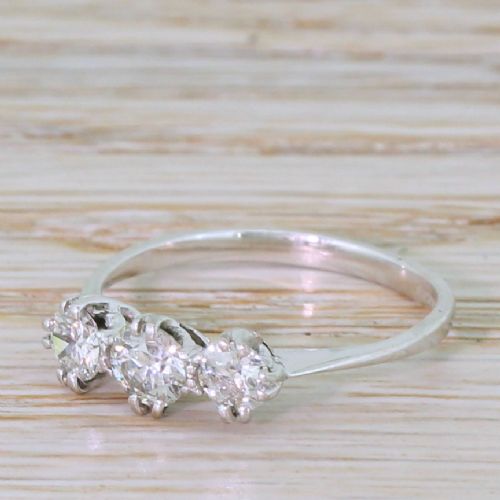 0.65 Carat Old Cut Diamond Trilogy Ring, 18k White Gold & Platinum