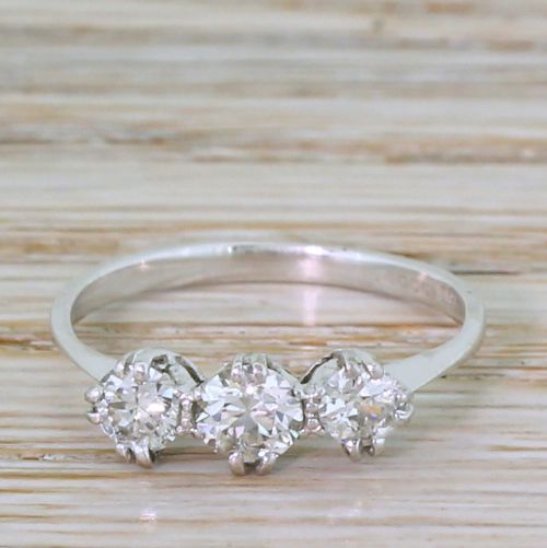 fig 1. 0.65 Carat Old Cut Diamond Trilogy Ring, 18k White Gold & Platinum