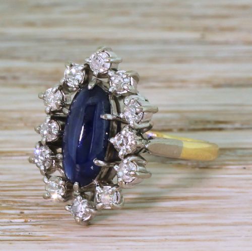 Mid Century 2.20 Carat Cabochon Sapphire & Old Cut Diamond Ring, Circa 1965