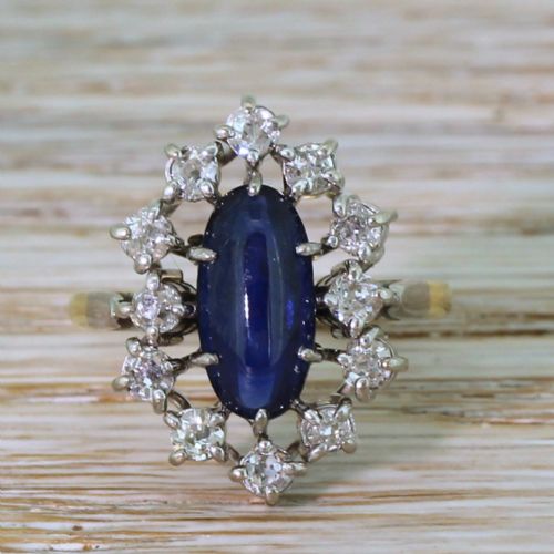 fig 1. Mid Century 2.20 Carat Cabochon Sapphire & Old Cut Diamond Ring, circa 1965