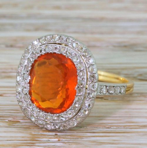 Art Deco 2.30 Carat Fire Opal & Rose Cut Diamond Ring, Circa 1940