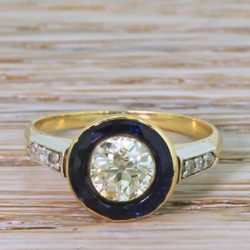 fig 1. Mid Century 0.84 Carat Old Curt Diamond & Sapphire Target Ring, circa 1950