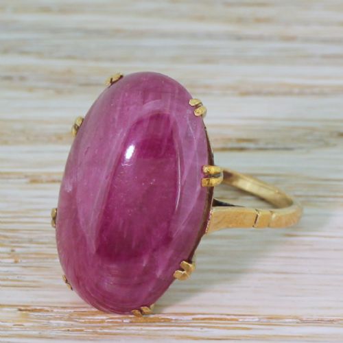Mid Century 26.80 Carat Cabochon Ruby Solitaire Ring, Circa 1950