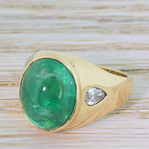 Mid Century 7.10 Carat Cabochon Emerald & Pear Cut Diamond Ring, Circa 1960