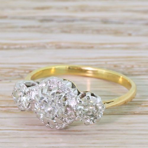 Art Deco 1.49 Carat Old Cut Diamond Trilogy Cluster Ring, Circa 1915