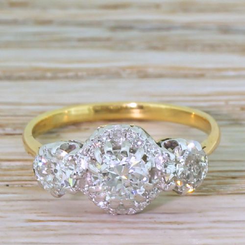 fig 1. Art Deco 1.49 Carat Old Cut Diamond Trilogy Cluster Ring, circa 1915