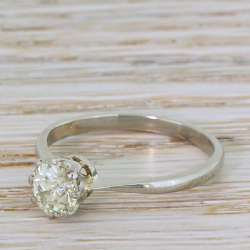 0.92 Carat Old Cut Diamond Engagement Ring, 18k White Gold