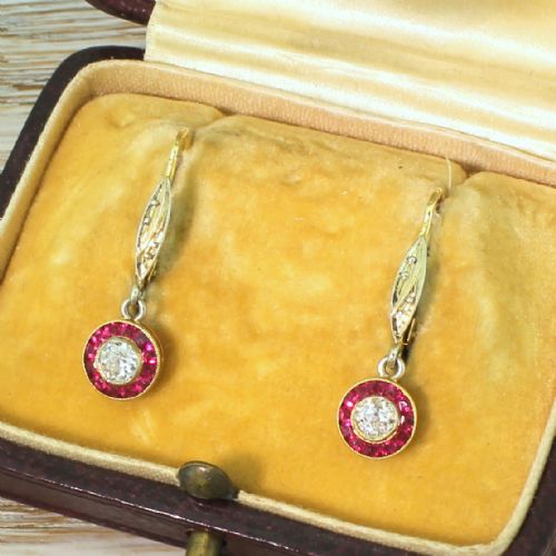 Art Deco Old Cut Diamond & Ruby Target Cluster Earrings, Circa 1935