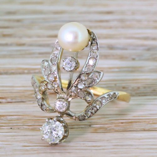 Art Nouveau Natural Pearl & Old Cut Diamond Ring, Circa 1900