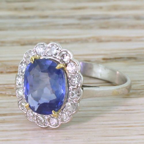 Art Deco 3.56 Carat Natural Sapphire & Diamond Cluster Ring, Circa 1940