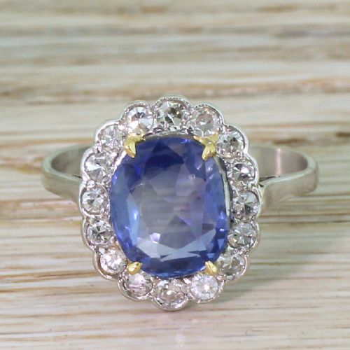 fig 1. Art Deco 3.56 Carat Natural Sapphire & Diamond Cluster Ring, circa 1940