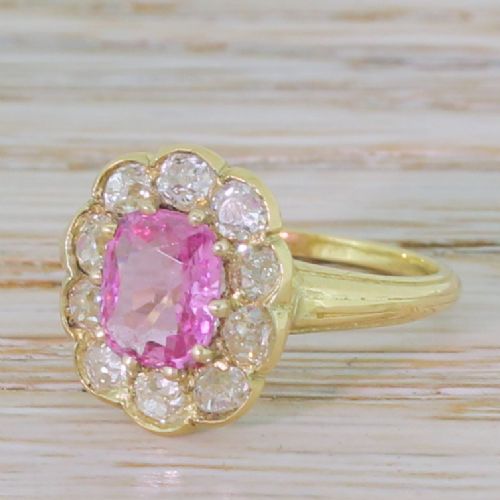 Edwardian 0.90 Carat Pink Sapphire & Old Cut Diamond Cluster Ring, Circa 1905