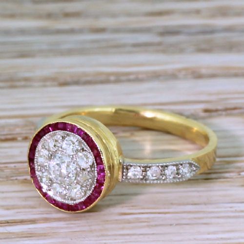 Art Deco Old Cut Diamond & Calibré Cut Ruby Target Cluster Ring, Circa 1925