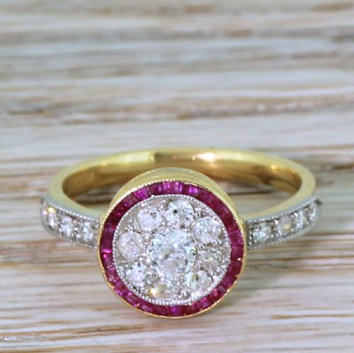 fig 1. Art Deco Old Cut Diamond & Calibré Cut Ruby Target Cluster Ring, circa 1925