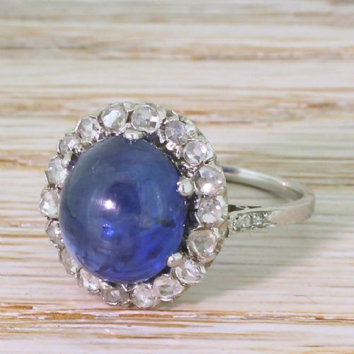 Mid Century 9.20 Carat Cabochon Sapphire & Rose Cut Diamond Cluster Ring, Circa 1950