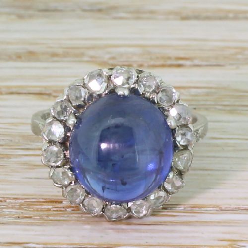 fig 1. Mid Century 9.20 Carat Cabochon Sapphire & Rose Cut Diamond Cluster Ring, circa 1950