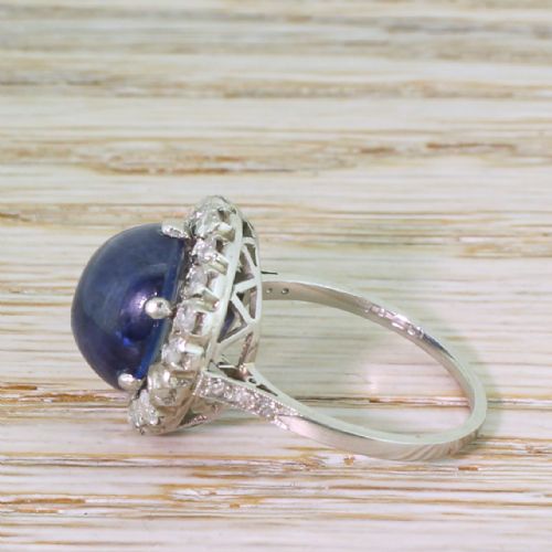 fig 2. Mid Century 9.20 Carat Cabochon Sapphire & Rose Cut Diamond Cluster Ring, circa 1950