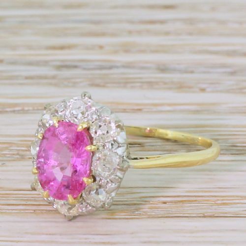 Mid Century 1.70 Carat Pink Sapphire & Old Cut Diamond Ring, Circa 1950