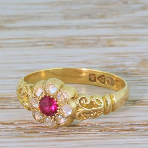 Edwardian Ruby & Rose Cut Diamond Cluster Ring, Dated 1905