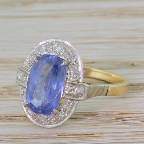 Art Deco 2.50 Carat Natural Ceylon Sapphire & Rose Cut Diamond Ring, Circa 1930