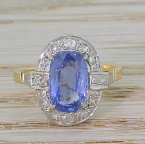 fig 1. Art Deco 2.50 Carat Natural Ceylon Sapphire & Rose Cut Diamond Ring, circa 1930
