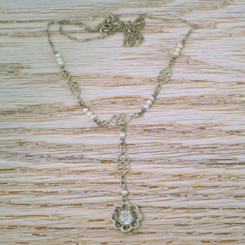 MID CENTURY 065 CARAT OLD CUT DIAMOND SEED PEARL NECKLACE CIRCA 1950 - ADDITIONAL PHOTO 3