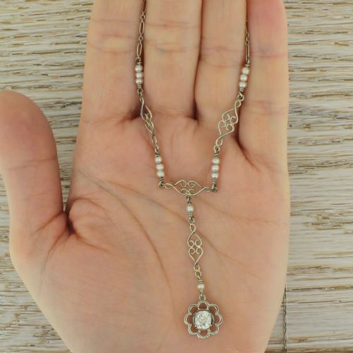 MID CENTURY 065 CARAT OLD CUT DIAMOND SEED PEARL NECKLACE CIRCA 1950 - ADDITIONAL PHOTO 4