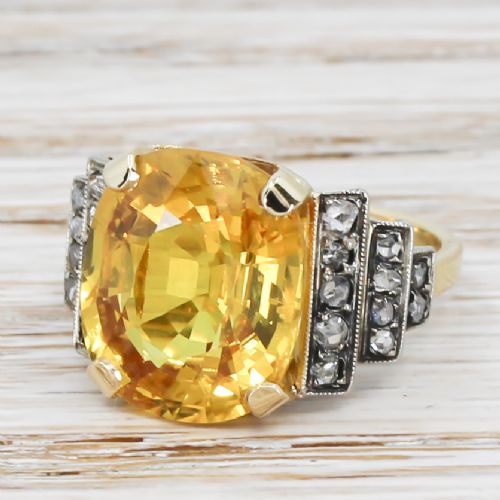 Art Deco 9.76 Carat Yellow Sapphire & Diamond Ring, Circa 1935