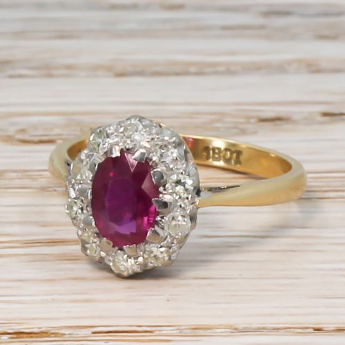 Mid Century 0.85 Carat Ruby & Diamond Cluster Ring, Circa 1950