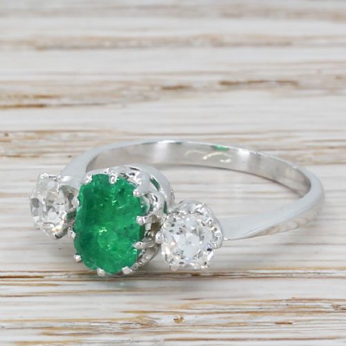 Mid Century 1.56 Carat Emerald & 0.78 Carat Diamond Trilogy Ring, Circa 1955