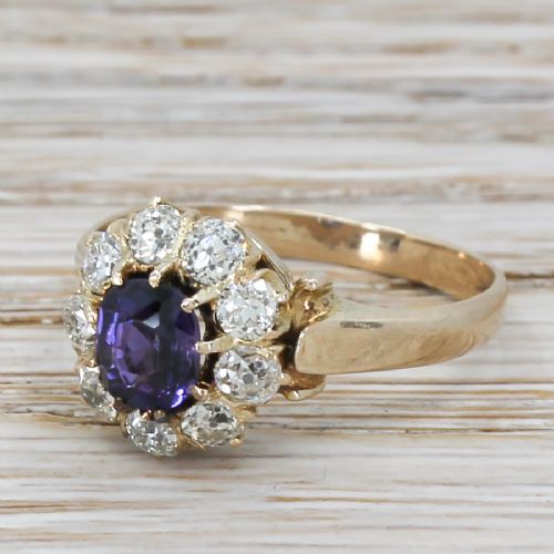 Edwardian 0.81 Carat Purple Sapphire & Old Cut Diamond Cluster Ring, Circa 1910
