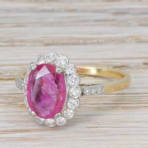 Art Deco 1.21 Carat Natural Burmese Ruby & Diamond Cluster Ring, Circa 1940