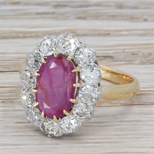 Mid Century 2.17 Carat Natural Burmese Ruby & Old Cut Diamond Cluster Ring, Circa 1950