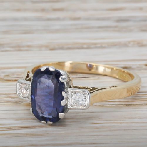 Art Deco 1.77 Carat Natural Sapphire & Diamond Ring, Circa 1945