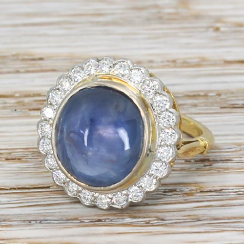 Mid Century 8.73 Carat Natural Ceylon Cabochon Sapphire & Diamond Ring, Circa 1960