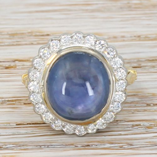 fig 1. Mid Century 8.73 Carat Natural Ceylon Cabochon Sapphire & Diamond Ring, circa 1960