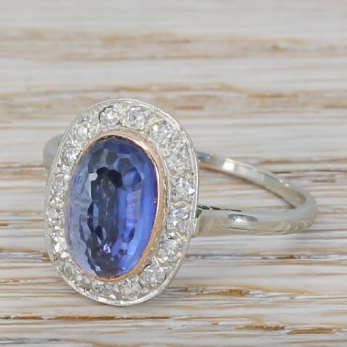 Mid Century 3.65 Carat Natural Ceylon Sapphire & Diamond Ring, Circa 1950