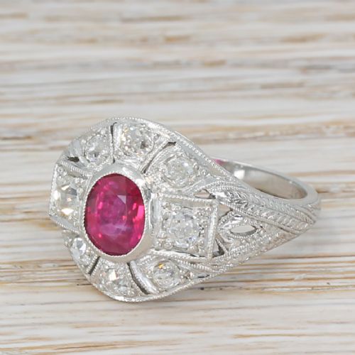 Art Deco 1.19 Carat Natural Burmese Ruby & Old Cut Diamond Ring, Circa 1920