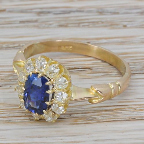 Victorian 1.75 Carat Natural Ceylon Sapphire & Old Cut Diamond Ring, Circa 1900