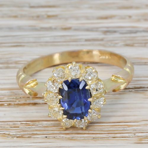 fig 1. Victorian 1.75 Carat Natural Ceylon Sapphire & Old Cut Diamond Ring, circa 1900