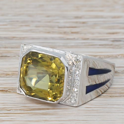 Art Deco 12.87 Carat Natural Greenish Yellow Sapphire Solitaire Ring, Circa 1945